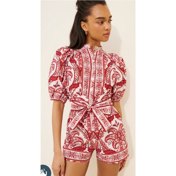 New! Farm Rio Tropical Cameo Off-White Romper Sleeved Jumpsuit M #13 - Picture 5 of 7